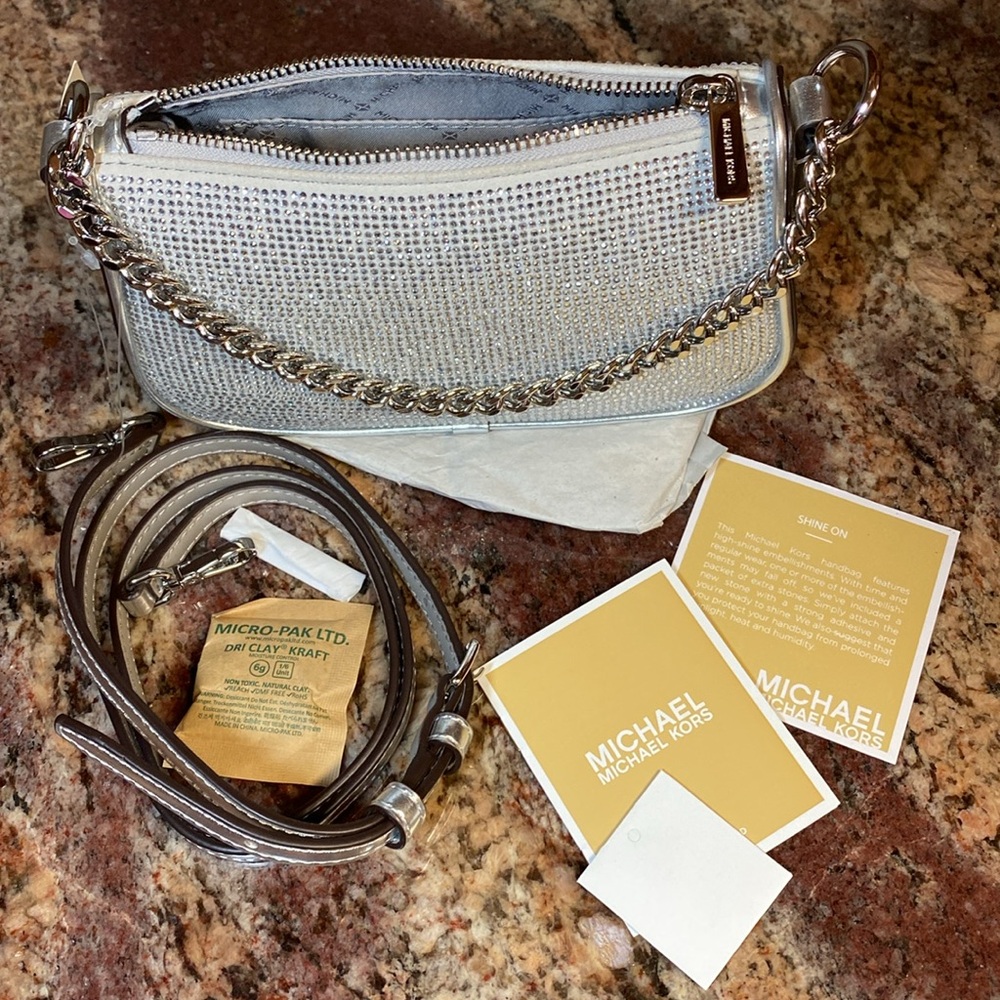 Michael Kors “CARMELA” SM POUCHETTE Shoulder-Crossbody, SILVER SPARKLE, NWTags